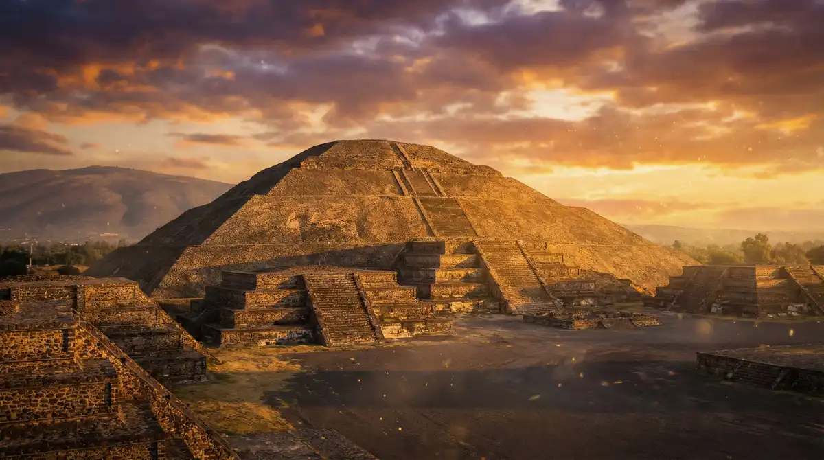Vista panorámica de las pirámides de Teotihuacán al atardecer representando la grandeza de Juega en Linea App