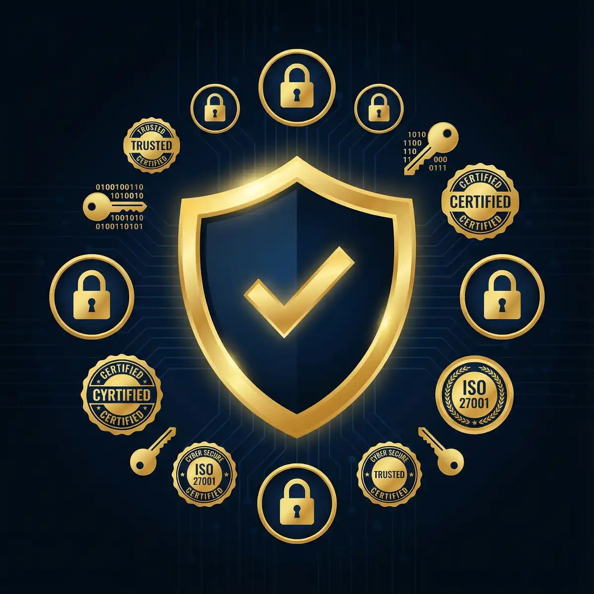 Escudo de seguridad dorado con certificaciones y símbolos de protección