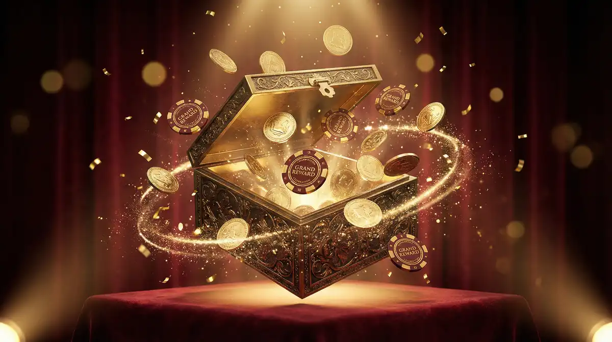 Cofre del tesoro dorado abriéndose con monedas y fichas de casino volando